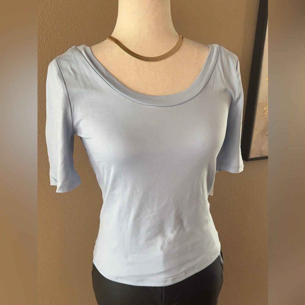Denim blue double layered 1/2 sleeve buttery soft top